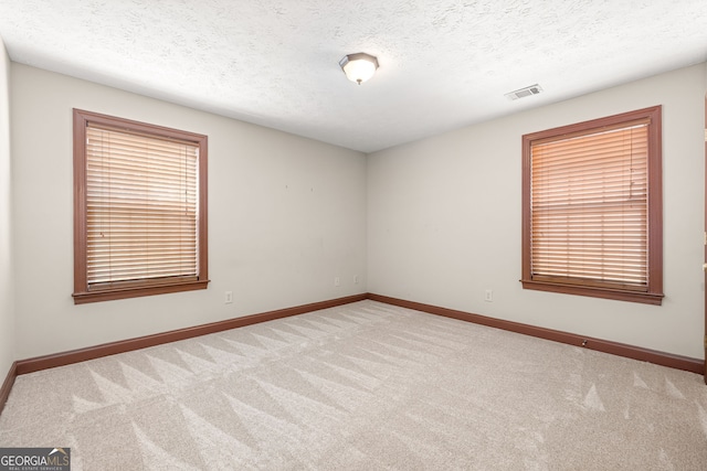 spare room featuring light carpet, baseboards, visible vents, a textured ceiling, and a healthy amount of sunlight