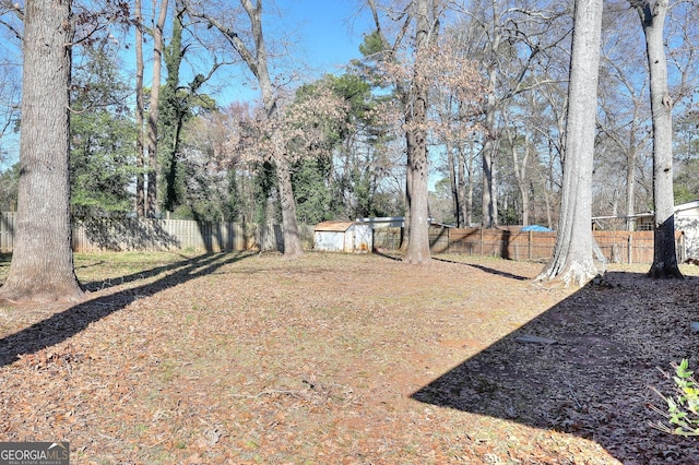 view of yard featuring a fenced backyard, an outdoor structure, and a storage shed