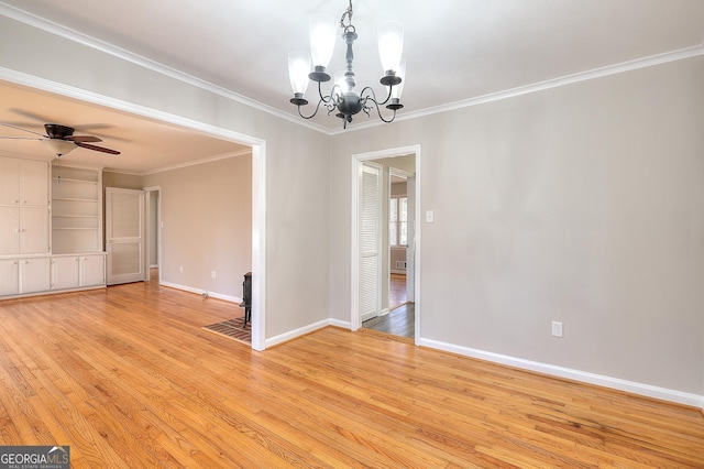 interior space featuring light wood-style floors, baseboards, and ceiling fan with notable chandelier