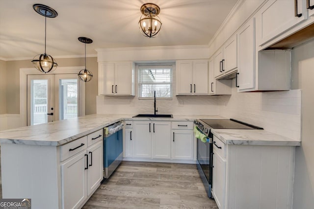 kitchen featuring a peninsula, range with electric stovetop, a sink, white cabinetry, and stainless steel dishwasher