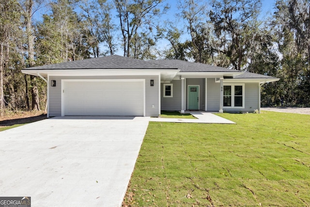 ranch-style house with concrete driveway, a front lawn, and an attached garage