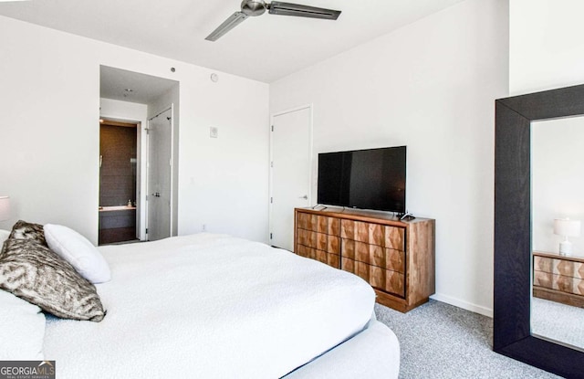 bedroom with light colored carpet, ceiling fan, and baseboards