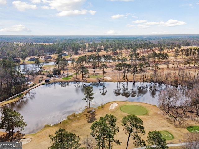 aerial view with a water view and golf course view