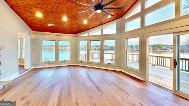 unfurnished sunroom featuring wood ceiling, a water view, vaulted ceiling, and visible vents