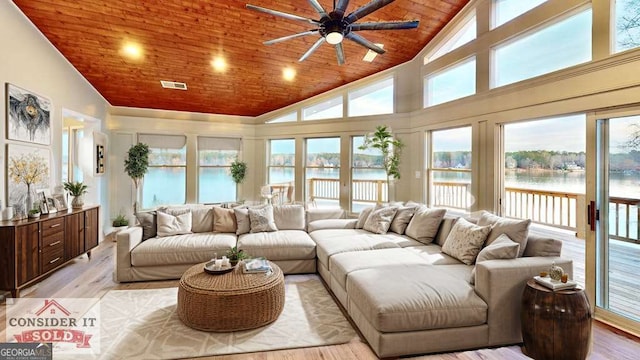 living area featuring visible vents, light wood-style flooring, a water view, and wood ceiling