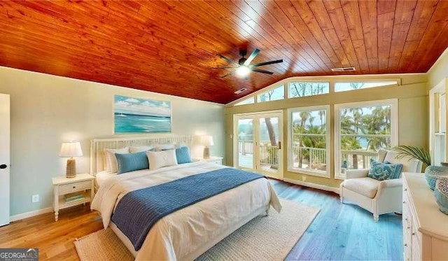 bedroom featuring baseboards, lofted ceiling, wooden ceiling, access to outside, and light wood-type flooring