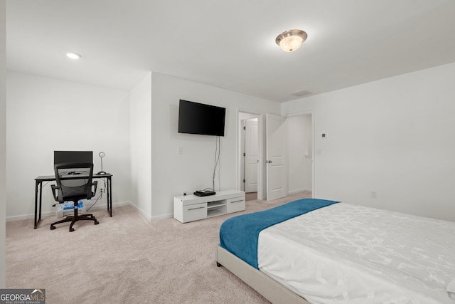 bedroom with light carpet, baseboards, and recessed lighting