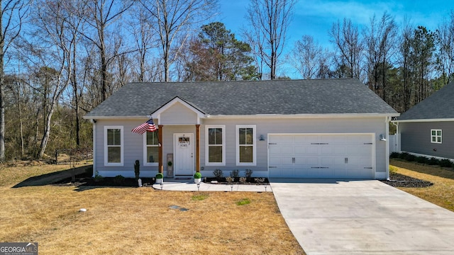 single story home featuring a front yard, concrete driveway, roof with shingles, and an attached garage