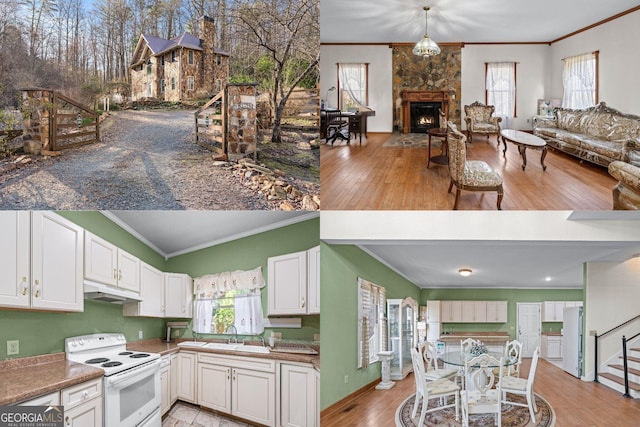 3360 Turniptown Rd, Ellijay, GA 30536 - kitchen with electric stove, a stone fireplace, ornamental molding, under cabinet range hood, and light wood finished floors