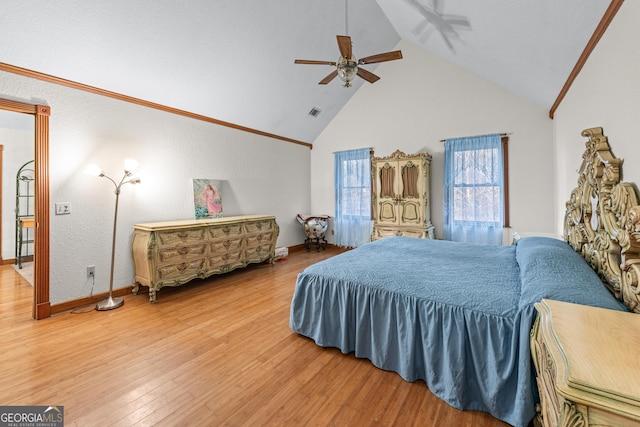 3360 Turniptown Rd, Ellijay, GA 30536 - bedroom with light wood-style floors, high vaulted ceiling, ceiling fan, and baseboards