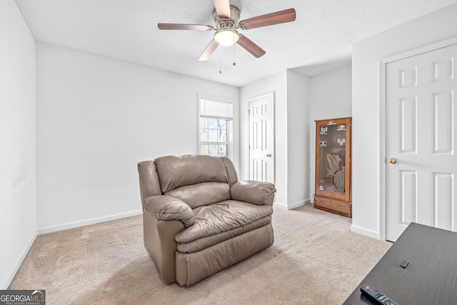 sitting room featuring light carpet, a textured ceiling, and baseboards