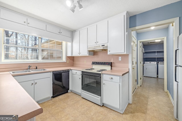 kitchen with electric range, white cabinets, independent washer and dryer, under cabinet range hood, and dishwasher