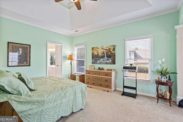 bedroom with crown molding, visible vents, light carpet, ceiling fan, and baseboards