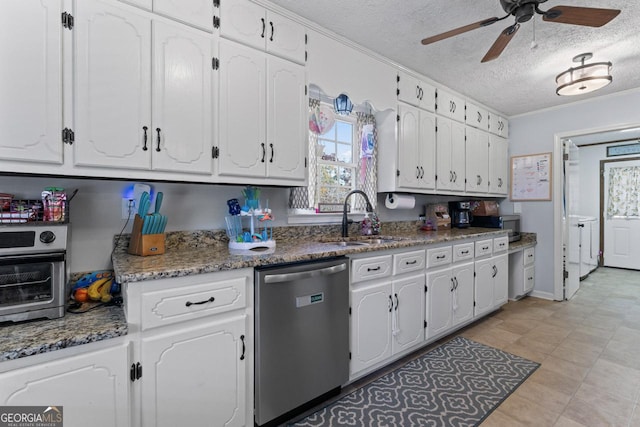 kitchen featuring a sink, white cabinetry, stainless steel dishwasher, and ornamental molding