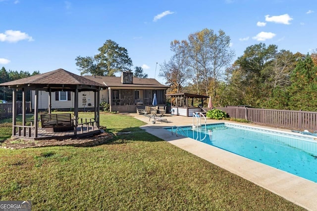 view of swimming pool with a fenced in pool, a patio, a gazebo, a fenced backyard, and a jacuzzi