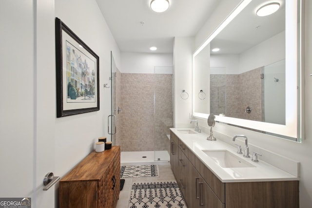 775 Juniper St NE Unit 613, Atlanta, GA 30308 - full bathroom featuring a stall shower, double vanity, tile patterned flooring, and recessed lighting