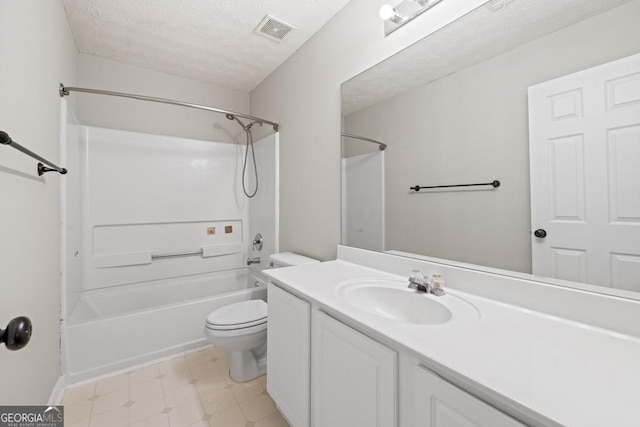 bathroom with visible vents, toilet, shower / tub combination, a textured ceiling, and vanity