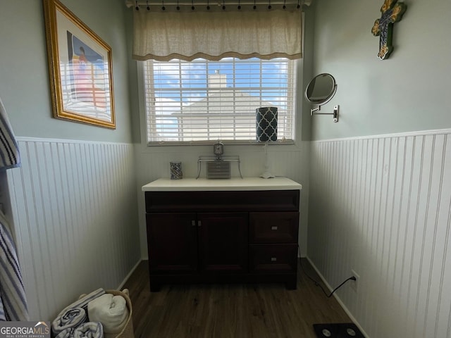 bathroom featuring a wainscoted wall, wood finished floors, and vanity