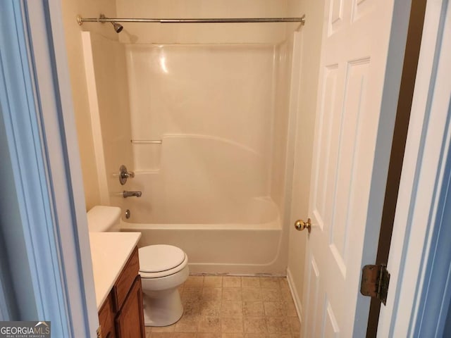 full bath with toilet, shower / washtub combination, and vanity