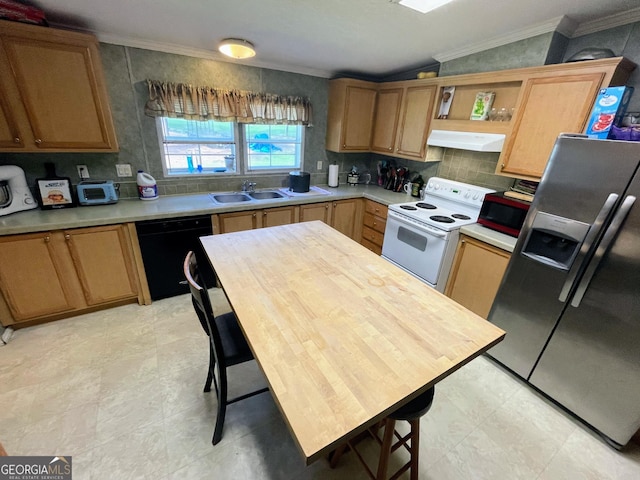 kitchen with electric range, a sink, black dishwasher, light countertops, and stainless steel fridge