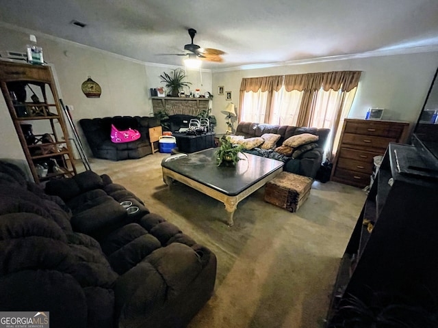 living area with ceiling fan, light carpet, a fireplace, visible vents, and crown molding