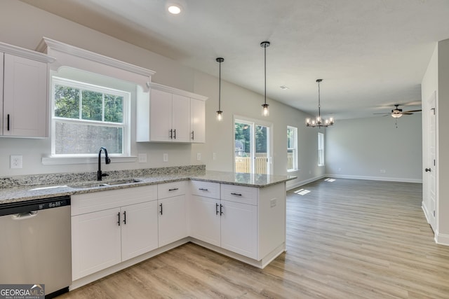 kitchen featuring a sink, a peninsula, white cabinets, and dishwasher