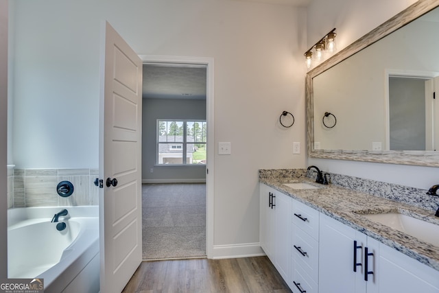 full bathroom featuring double vanity, wood finished floors, a sink, and a bath