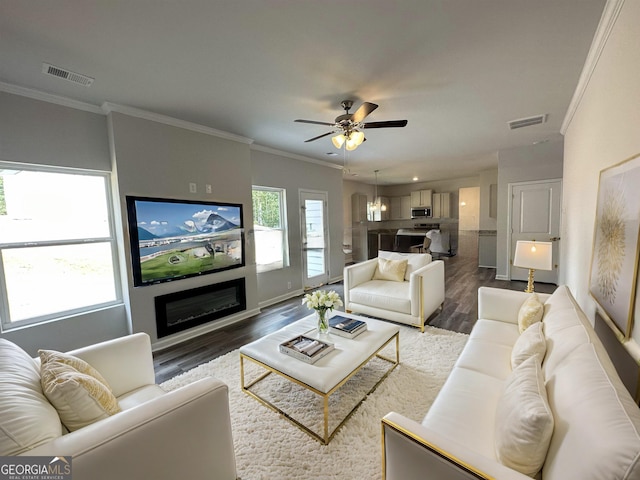 living area with visible vents, wood finished floors, and ornamental molding