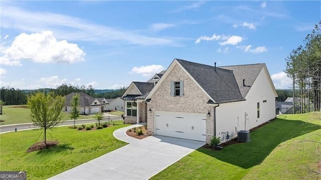 view of front of house featuring an attached garage, brick siding, driveway, and a front lawn