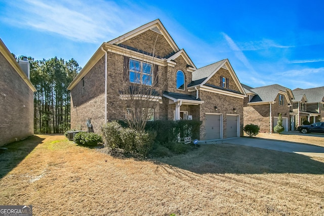 view of front facade with brick siding, driveway, central AC, and an attached garage