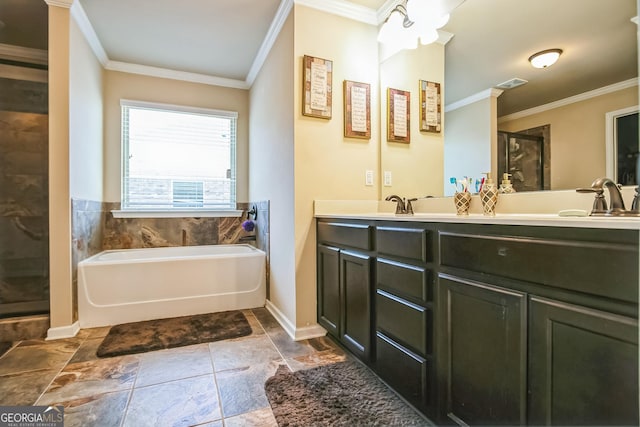 bathroom featuring a sink, visible vents, ornamental molding, a bath, and double vanity