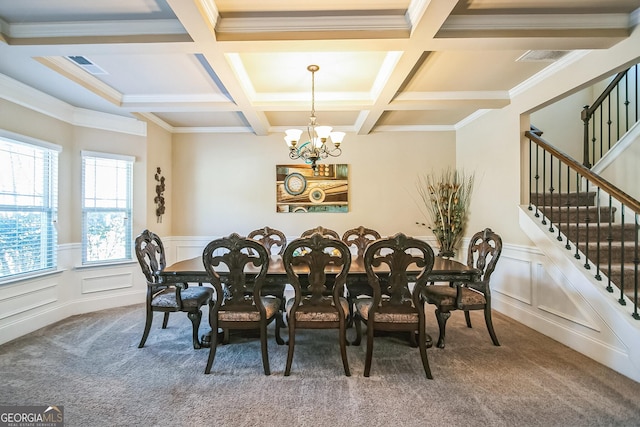 dining room featuring a notable chandelier, visible vents, stairway, beamed ceiling, and carpet