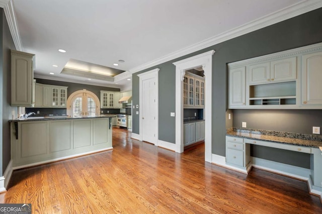 kitchen with light wood-type flooring, crown molding, a raised ceiling, and built in desk