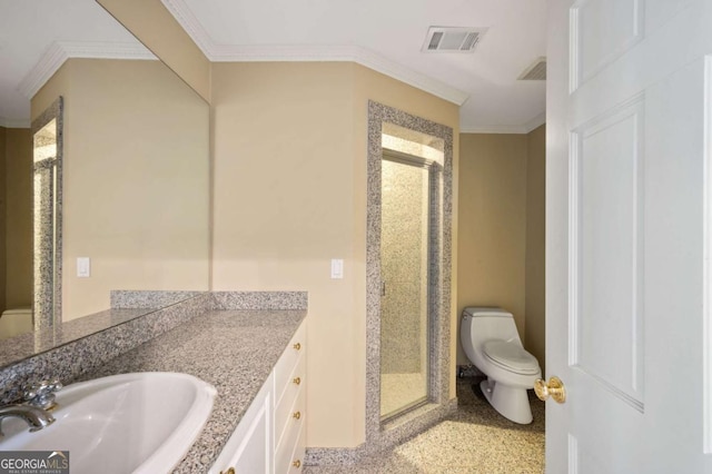 bathroom featuring crown molding, visible vents, toilet, a shower stall, and vanity