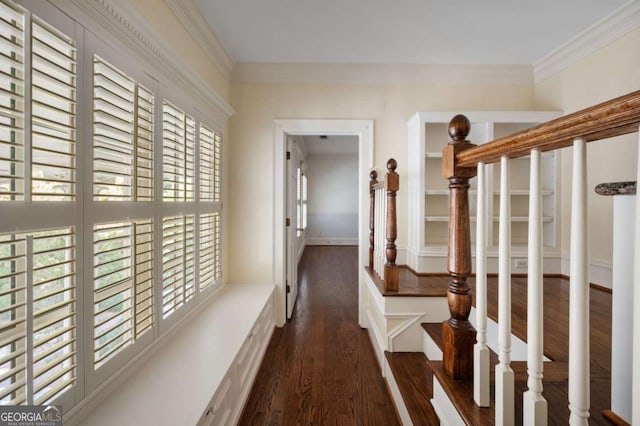 hallway with dark wood-type flooring, ornamental molding, and stairs