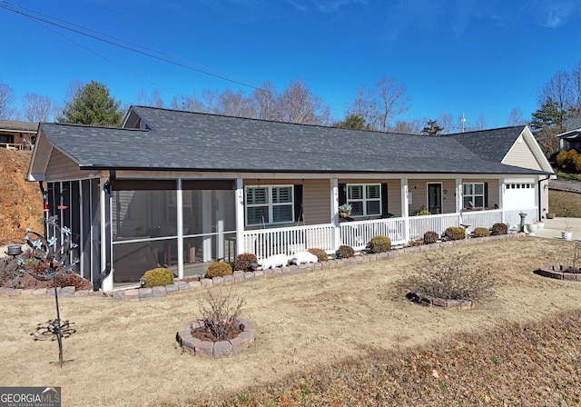 single story home with an attached garage, a porch, a shingled roof, and a sunroom