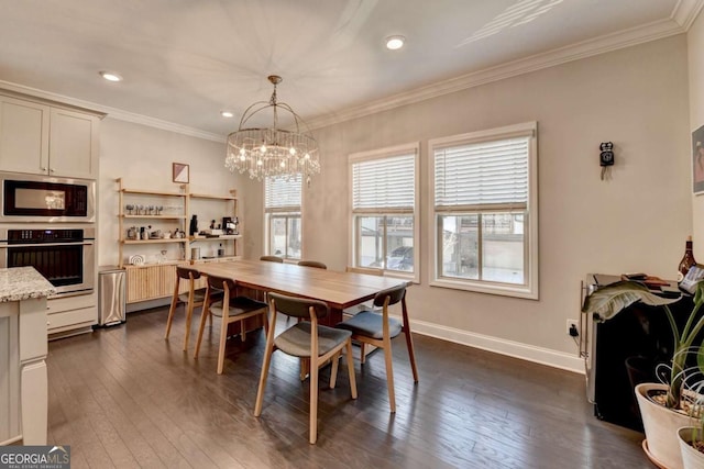 dining area with baseboards, dark wood-style flooring, recessed lighting, and crown molding