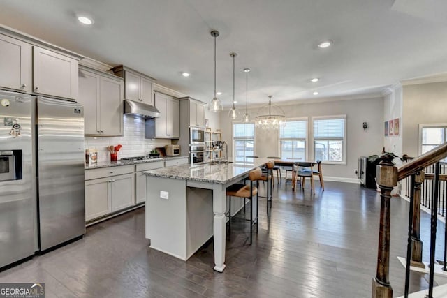 kitchen featuring light stone counters, a kitchen island with sink, under cabinet range hood, stainless steel appliances, and pendant lighting