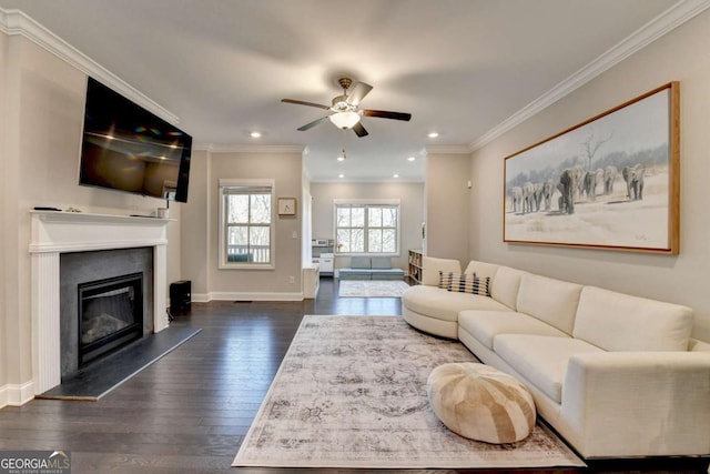 living area featuring ceiling fan, dark wood finished floors, baseboards, ornamental molding, and a glass covered fireplace