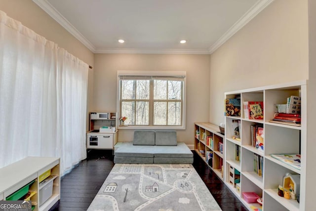 living area with ornamental molding, recessed lighting, and dark wood-style flooring