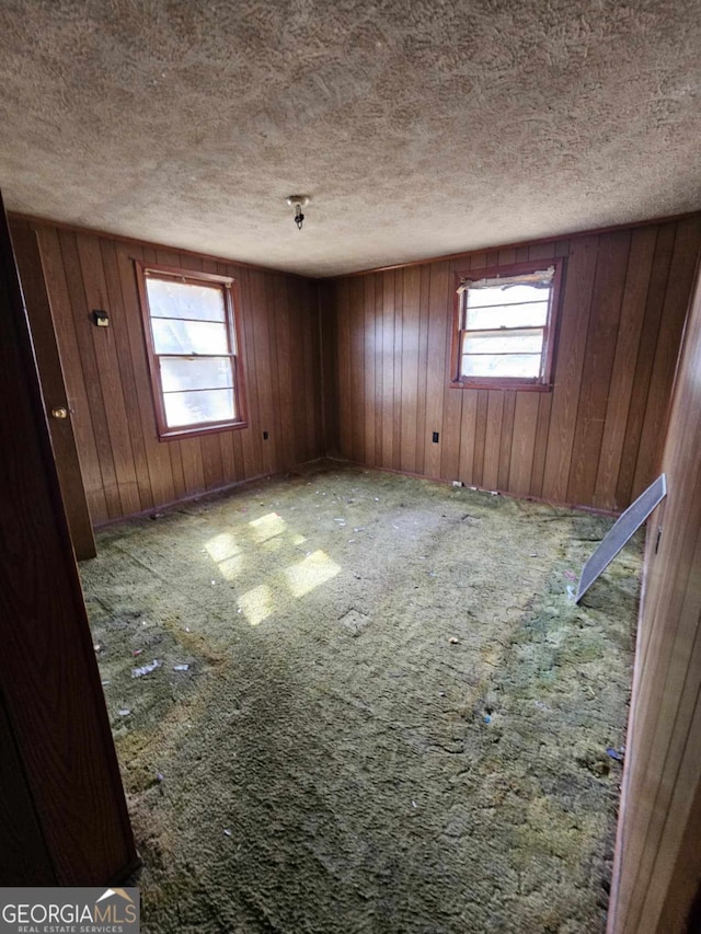 spare room featuring wooden walls, light colored carpet, and a textured ceiling