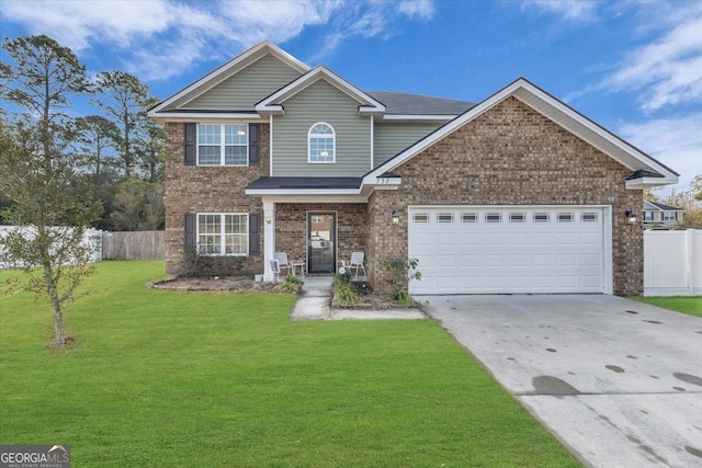 view of front of home with brick siding, concrete driveway, an attached garage, fence, and a front lawn