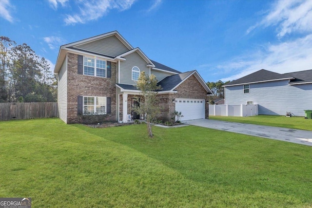 traditional home featuring driveway, brick siding, a front yard, and fence