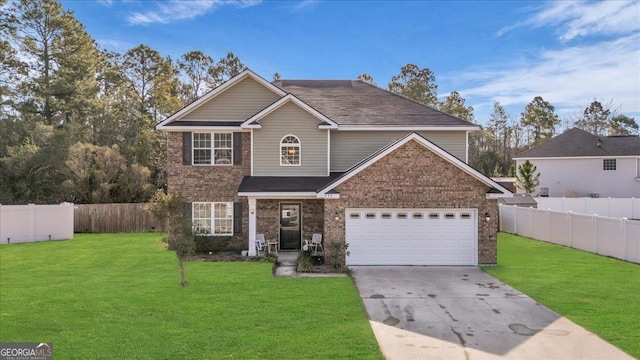 traditional-style house featuring brick siding, fence, concrete driveway, and a front yard