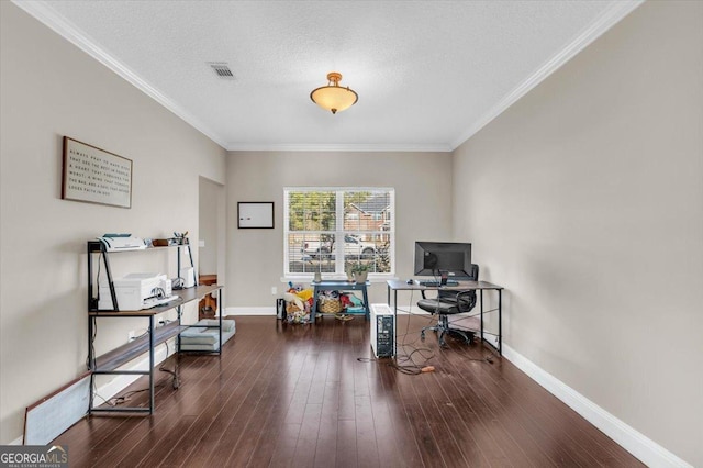 office with dark wood-type flooring, ornamental molding, and baseboards