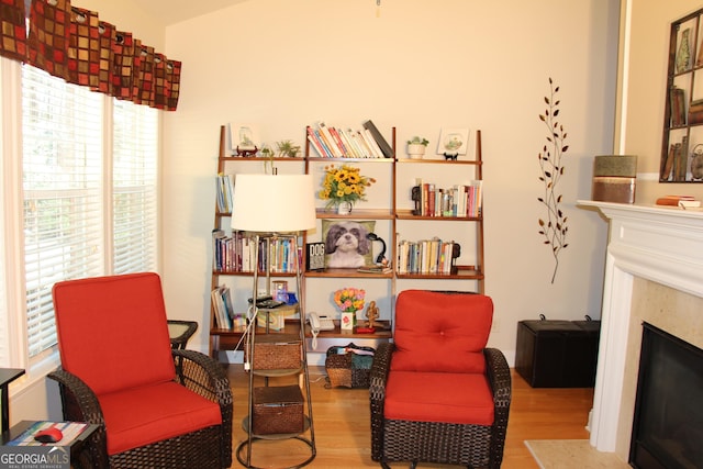 sitting room featuring a glass covered fireplace and wood finished floors