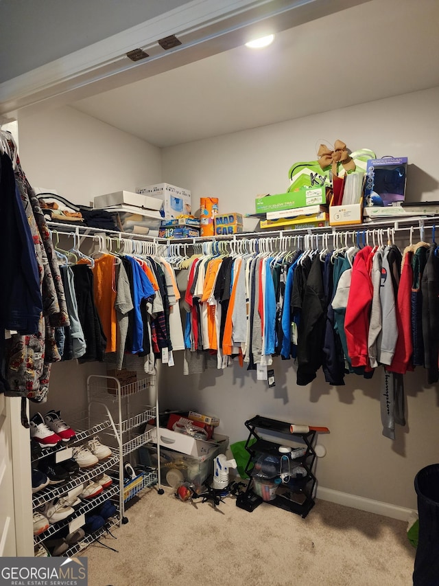 spacious closet featuring carpet flooring