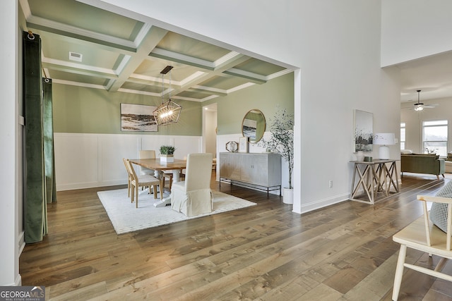 dining room featuring dark wood-style floors, beam ceiling, wainscoting, coffered ceiling, and ceiling fan with notable chandelier