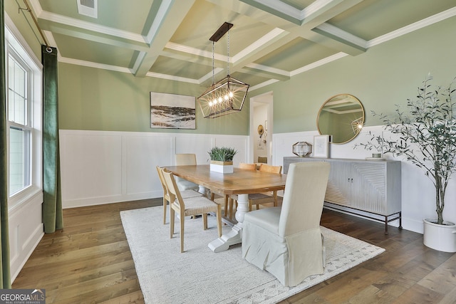 dining area with dark wood-style flooring, beamed ceiling, and coffered ceiling