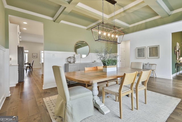 dining room featuring dark wood-style flooring, coffered ceiling, beamed ceiling, and wainscoting